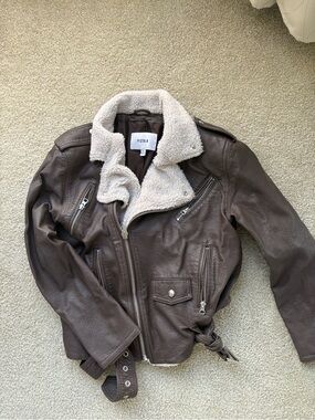 pistola chocolate brown faux-leather moto jacket with cream sherpa
